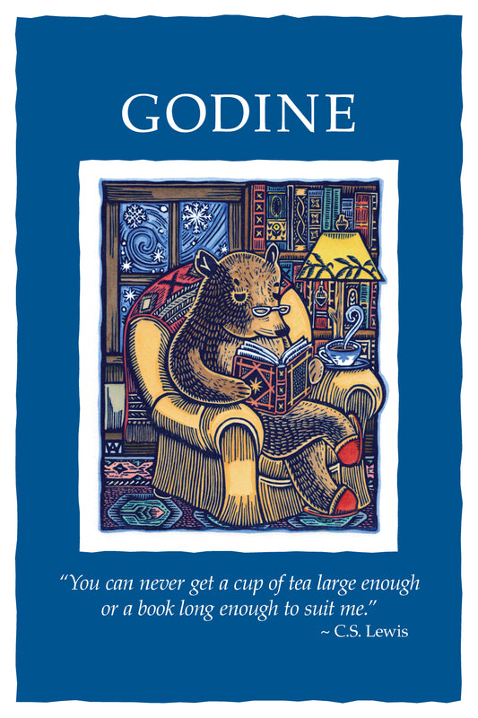 Bear Hibernating poster: "You can never get a cup of tea large enough or a book long enough to suit me"
